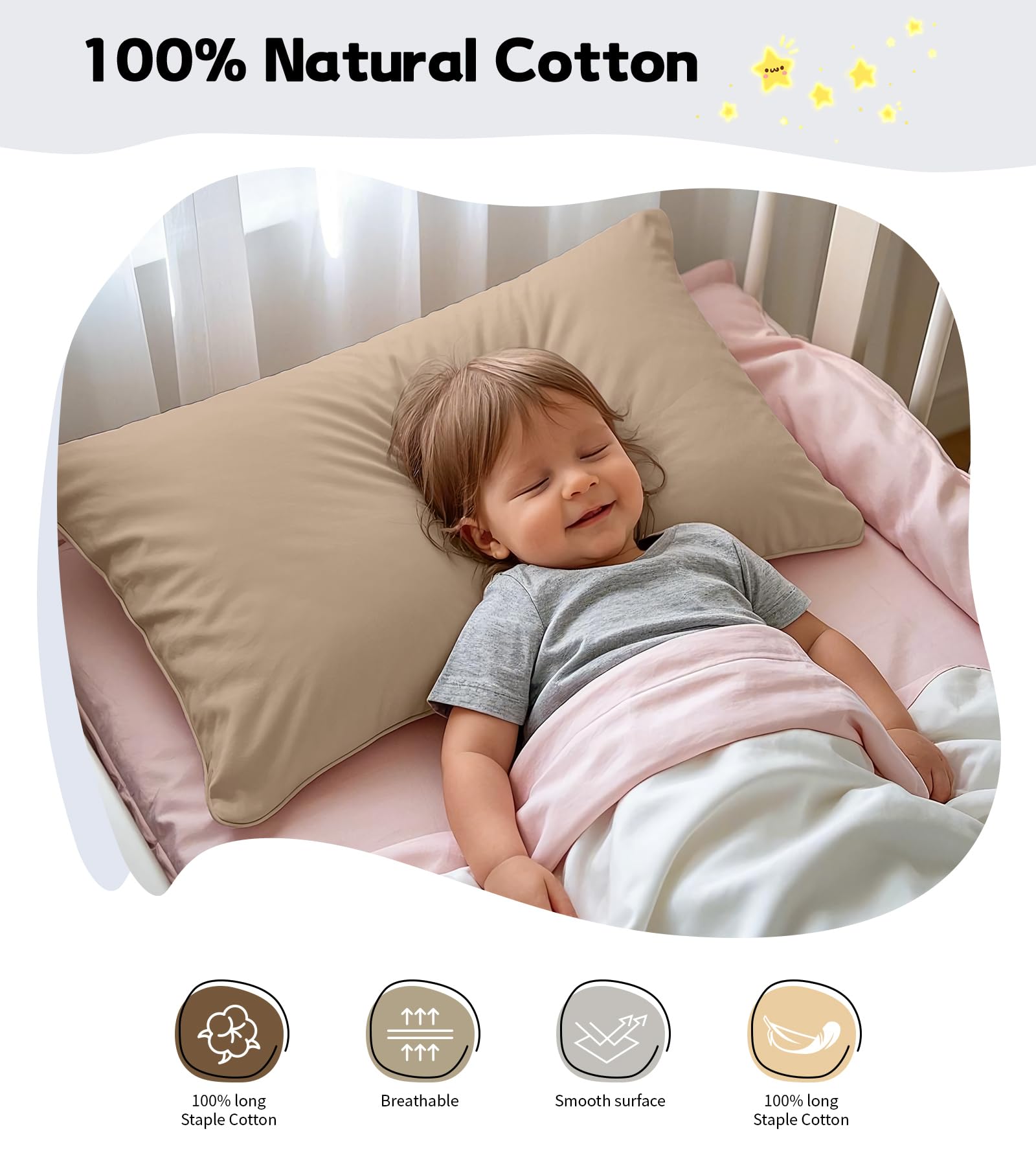 Deep Dream Toddler Pillowcases for 13x18 Pillow 2 Pack, 100% Cotton Travel Pillow Case Cover, 600 Thread Count Cotton 13x18 Pillow Covers, Soft & Breathable Pillow Cases with Envelope Closure, Khaki