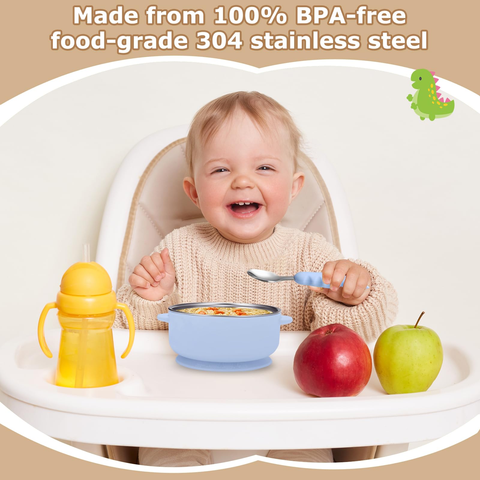 Wesketch 2 Pack Stainless Steel Baby Bowls with Removable Non-Slip Silicone Suction Shell, Anti Scald Food Container for Baby Food Feeding-Skyblue & Cream