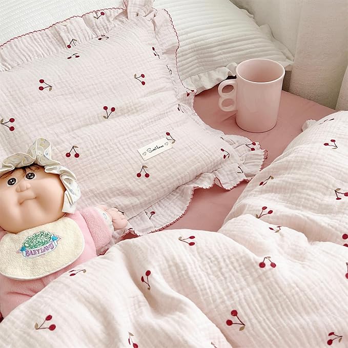AOJIM Pink Cotton Muslin Kids Toddler Pillowcase Super Soft Baby Crib Bedding Pillowcase with Ruffle Edges Machine Washable Cherry Nursery Pillowcase for Boys Girls, Durable Kids Pillow Cover, 26*20''