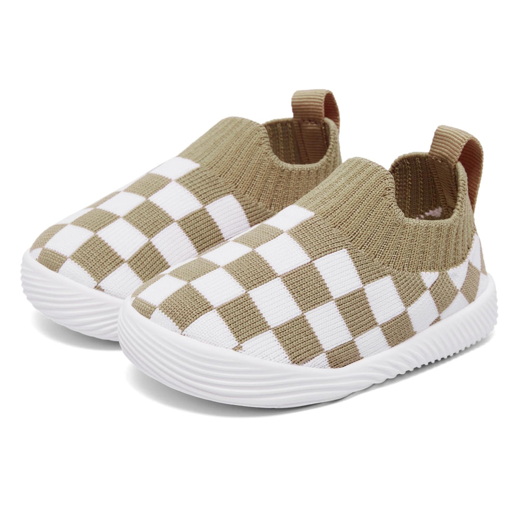 MORENDL Toddler Shoes - Baby Walking Socks - Non-Slip, Breathable - Boys & Girls - Brown White Plaid - 9-12 Months