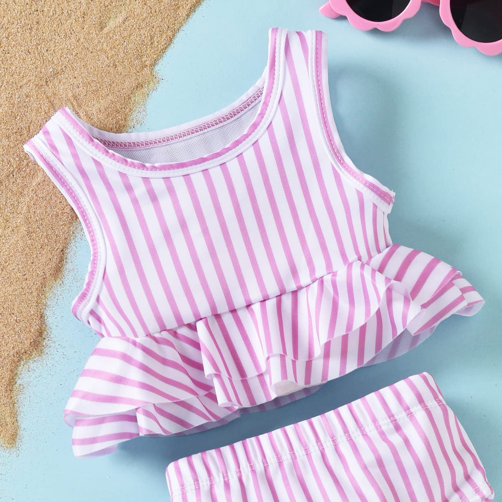 Aalizzwell Toddler Little Girls Swimsuit Two Piece Striped Ruffle Bathing Suit Bikini Tops Bottoms Swimming Suit Swimwear Beach Wear Pink 4T - 5T