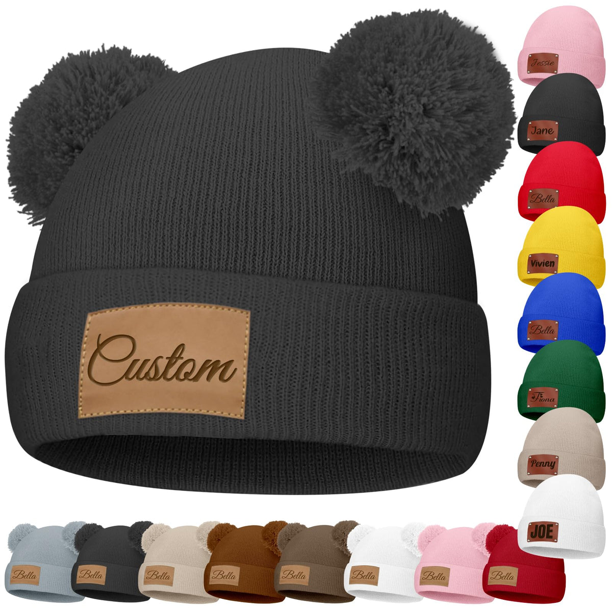 Custom Baby Beanies Personalized Toddler Winter Hats Name Leather Patch Kids Knit Warm Hat for Infant Boys Girls Adult Grey