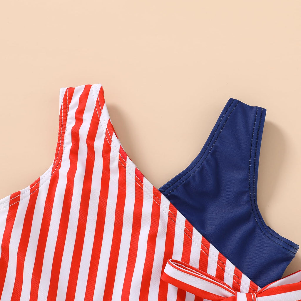 Happy Town Toddler Swimsuit Girl One Piece Bathing Suit Color Block Swimwear Baby Summer Beach Wear(12-18 Months,American Flag)