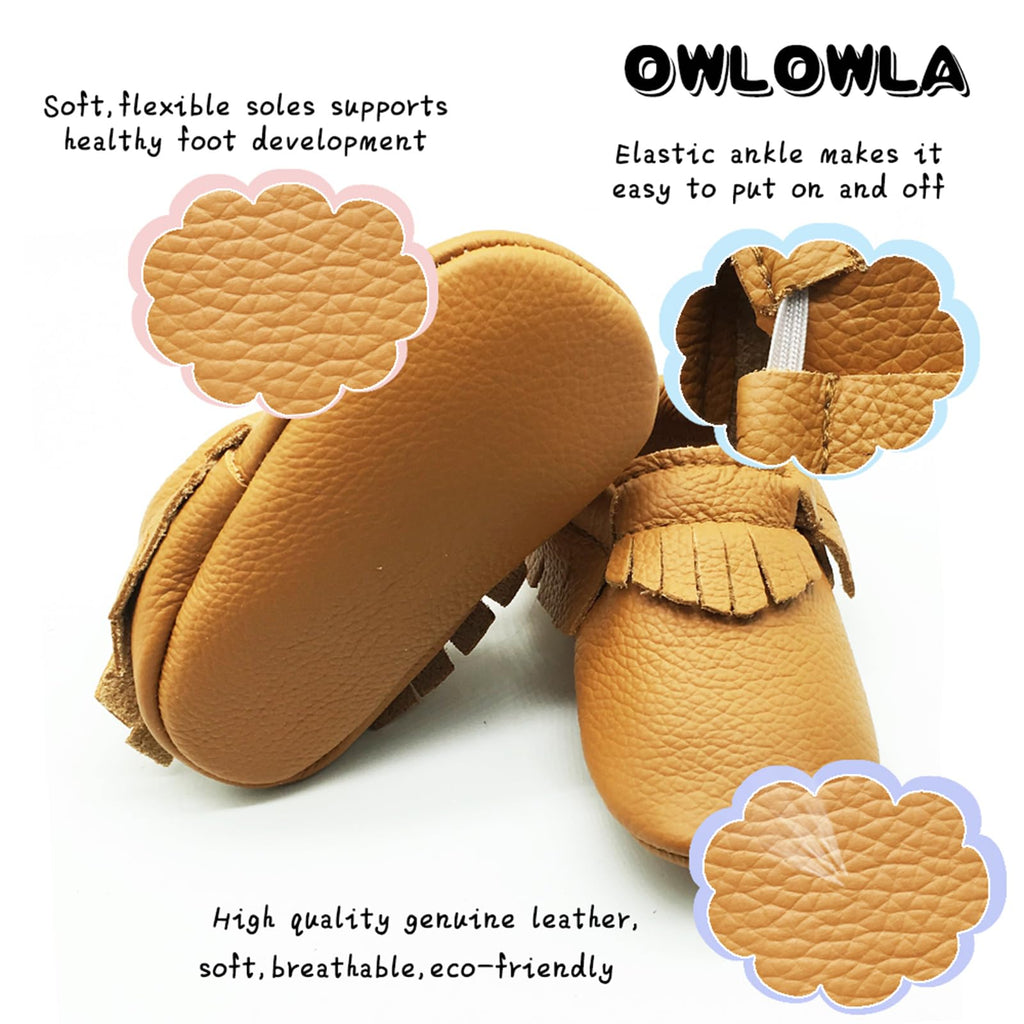 OWLOWLA Leather Baby Moccasins Soft Sole Baby Shoes Boys Girls 12-18months