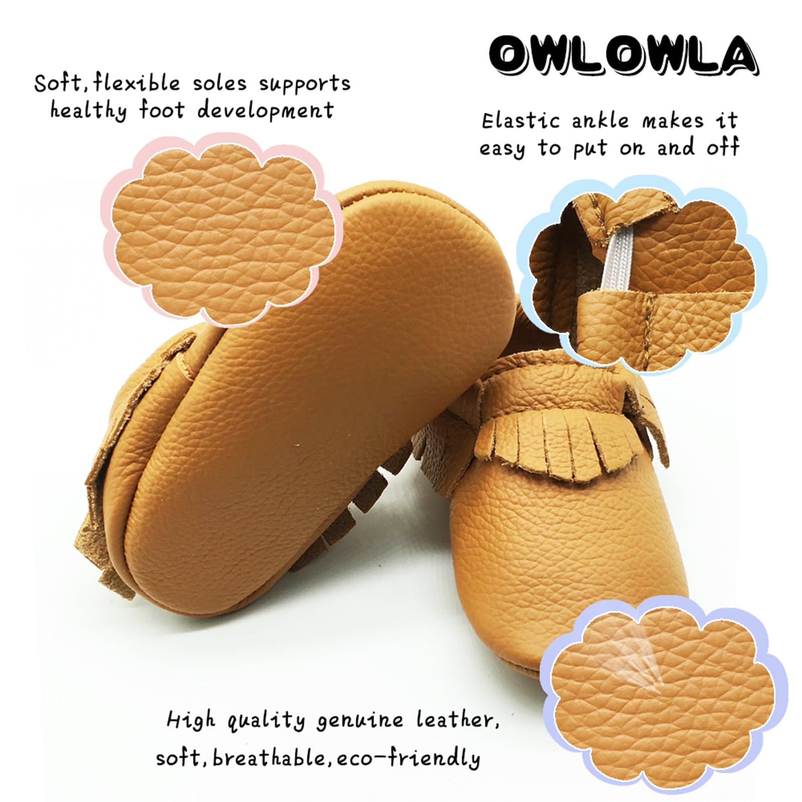 OWLOWLA Leather Baby Moccasins Soft Sole Baby Shoes Boys Girls 12-18months