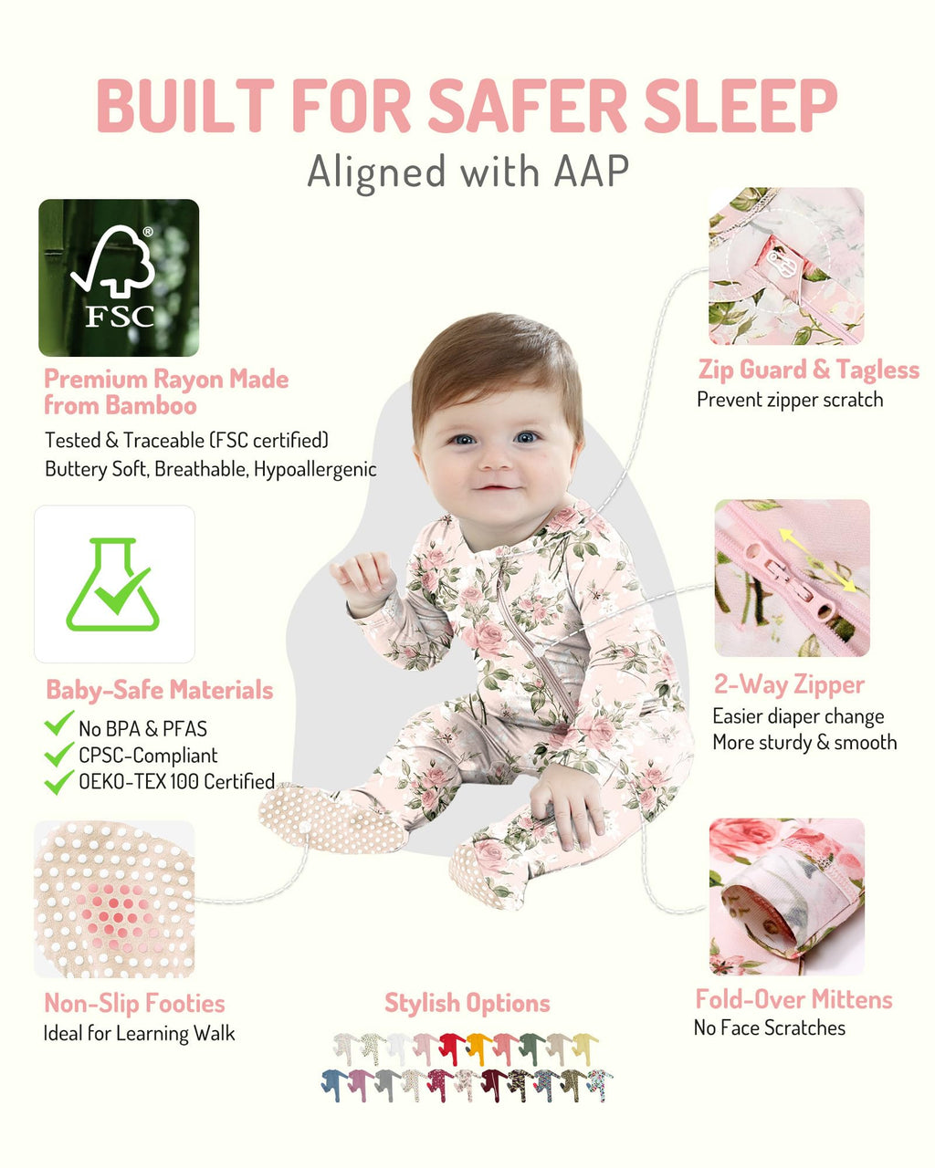 HAPIU Rayon from Bamboo Baby Footed Pajamas, 2 Way Premium Zipper, Footie for Baby Boy Girls, Newborn-24 Months, 2-Pack, Strawberry Ice&Grasse Rose, Newborn