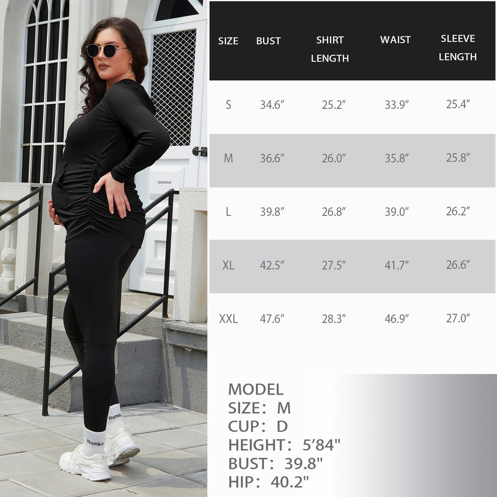 GINKANA Maternity Hoodie Sweatshirt Long Sleeve Basic Top Ruch Sides for Pregnant Women,Black,XX-Large