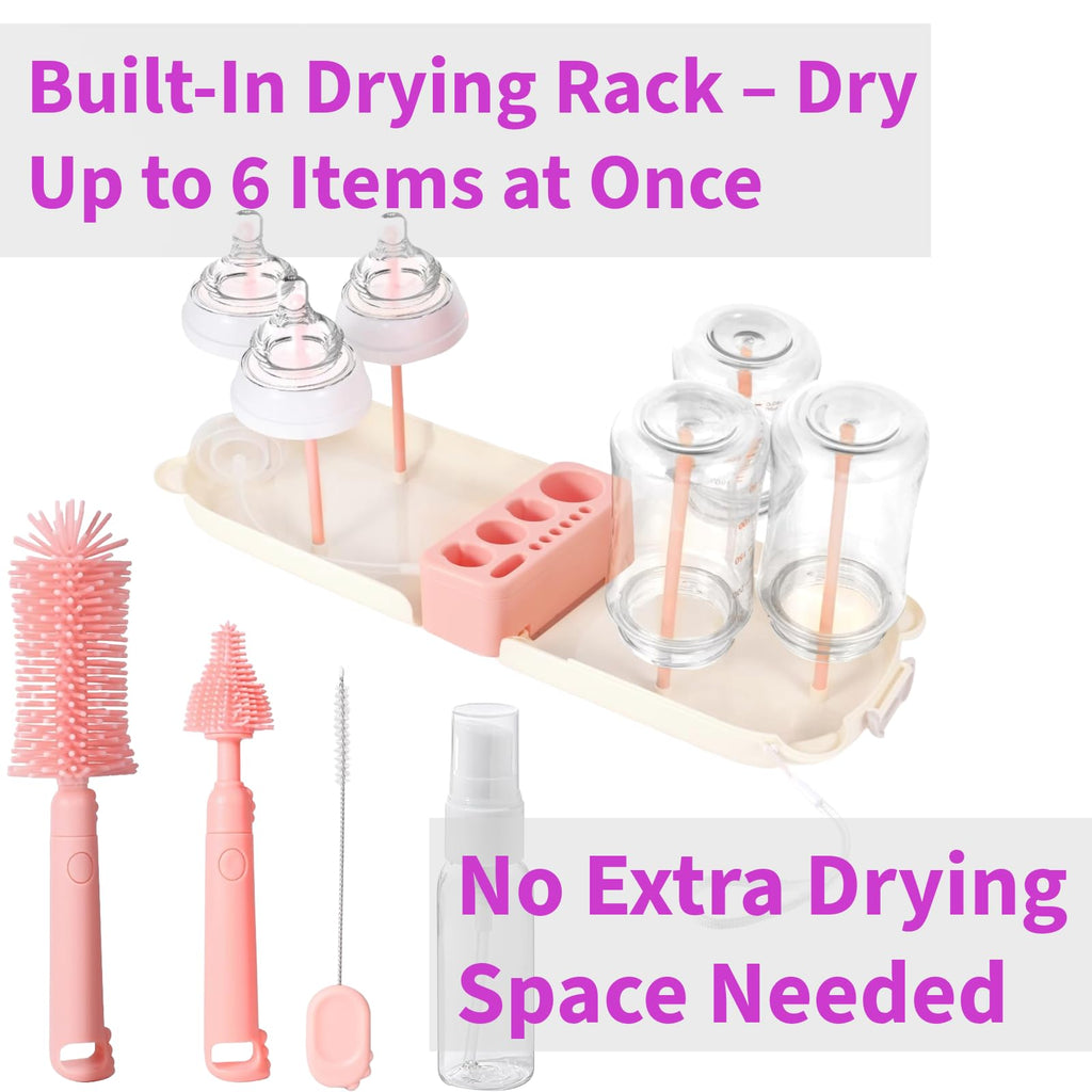 Travel Bottle Cleaner kit, 7in1 Baby Travel Gear Essential Silicone Travel Bottle Brush Set Nipple Drying Rack, Straw Breast Pump Cleaning Soap Dispenser Organizer Case Mon Gift (Pink)