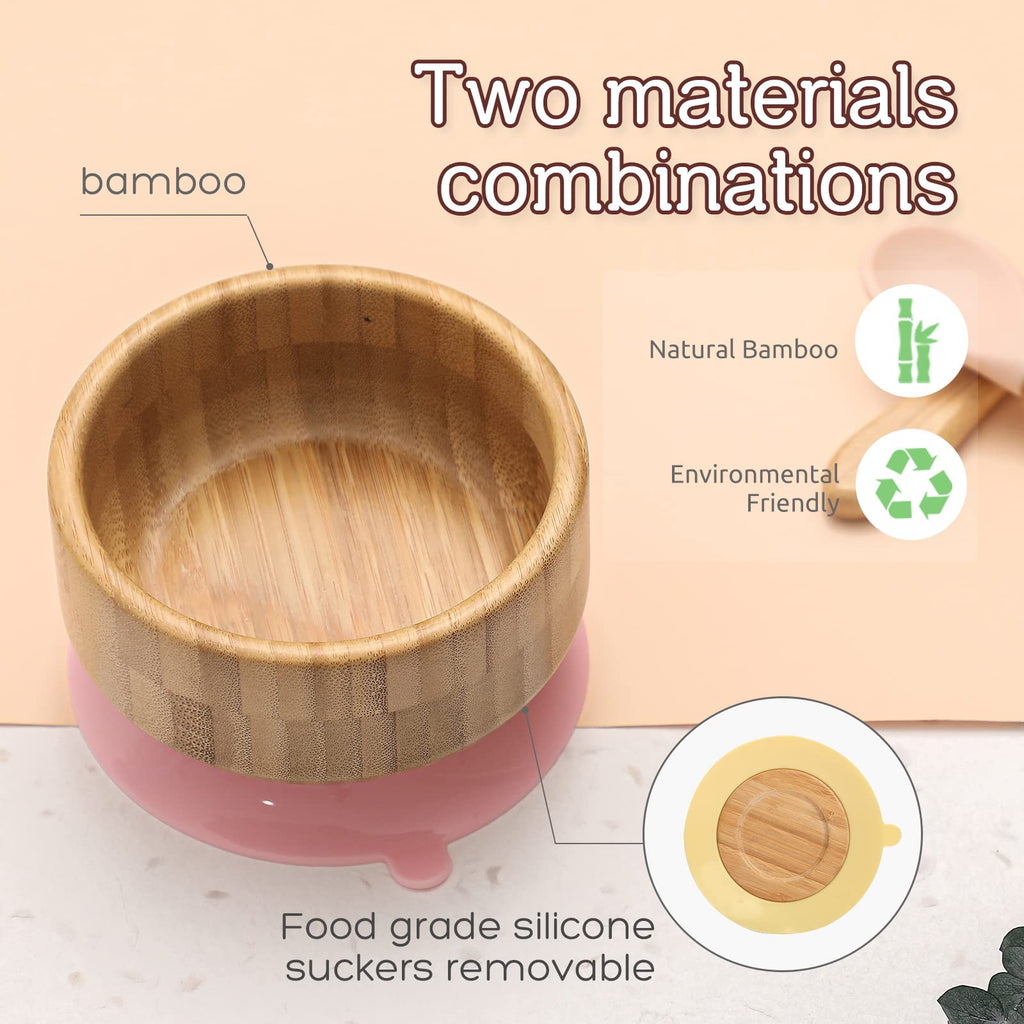 Baby Bamboo Bowls with Suction and Matching Spoon Set,2PC Feeding Supplies Set for Infant, Toddlers,Detachable Silicone Suction Stay Put Base for Wooden Bowl （Mint）