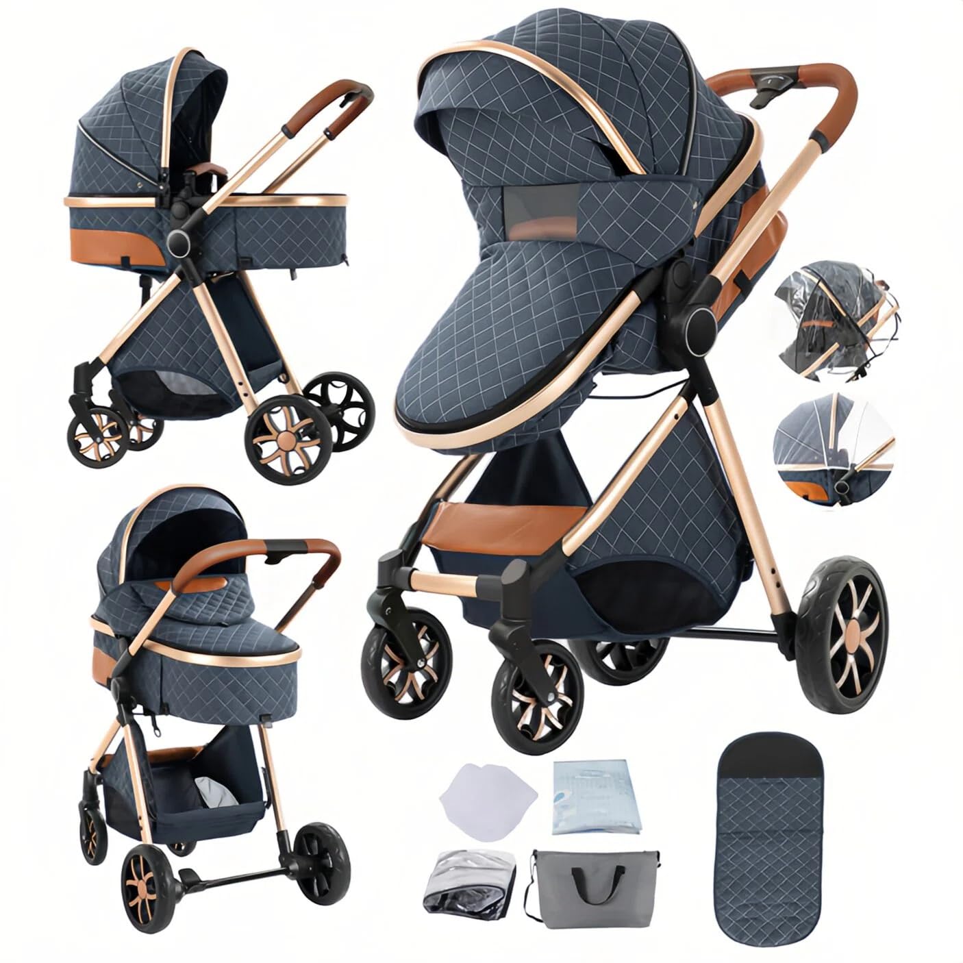 Doraystar 2 in 1 Baby Stroller with Bassinet Mode, Reversible Infant Pram, One-Click Folding, Newborn Travel Stroller, Convertible Toddler Standard Pram Carriage (X2US-Blue)