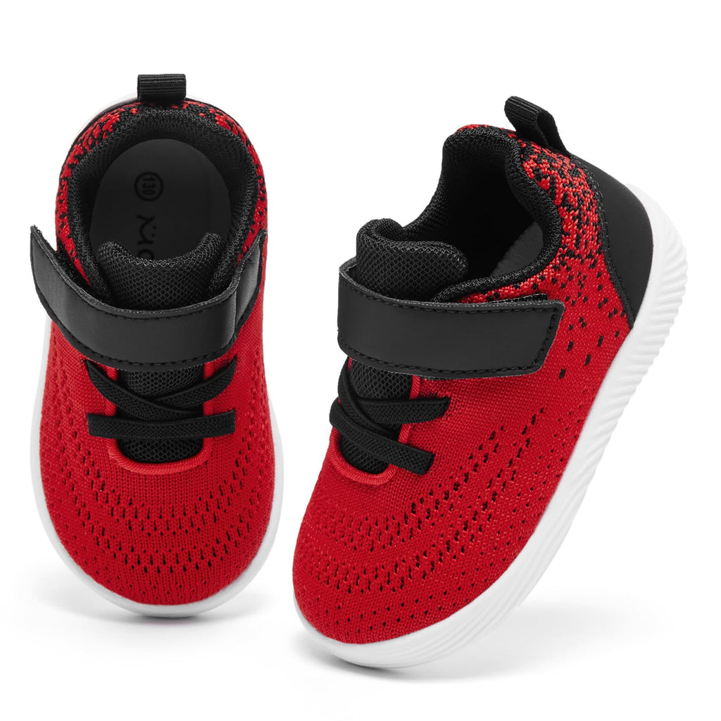 MORENDL Toddler Sneakers Baby Boys & Girls Barefoot Shoes Lightweight Breathable Walking Running Tennis Athletic Sport Shoes Black Red 12-15 Months Size 5