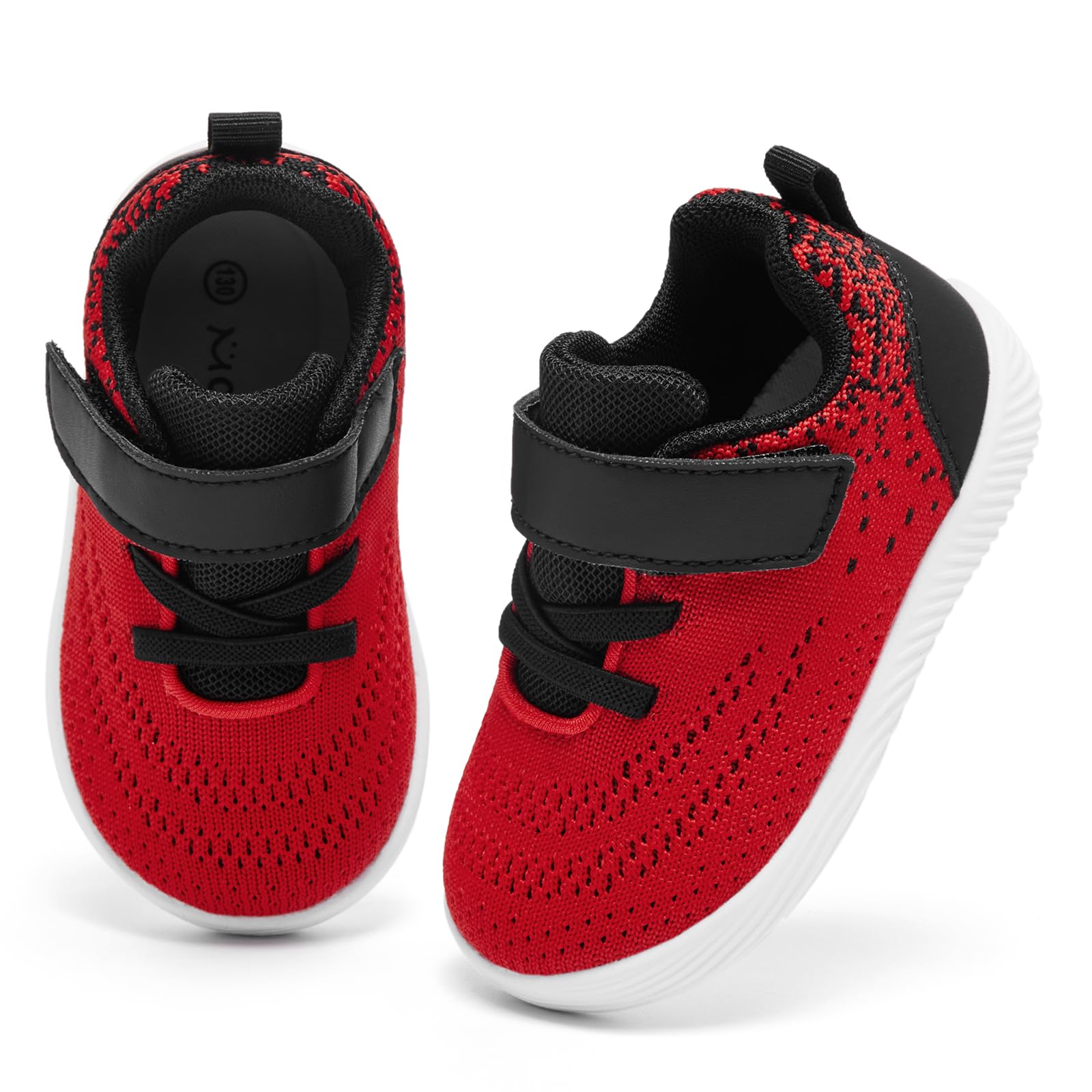 MORENDL Toddler Sneakers Baby Boys & Girls Barefoot Shoes Lightweight Breathable Walking Running Tennis Athletic Sport Shoes Black Red 12-15 Months Size 5