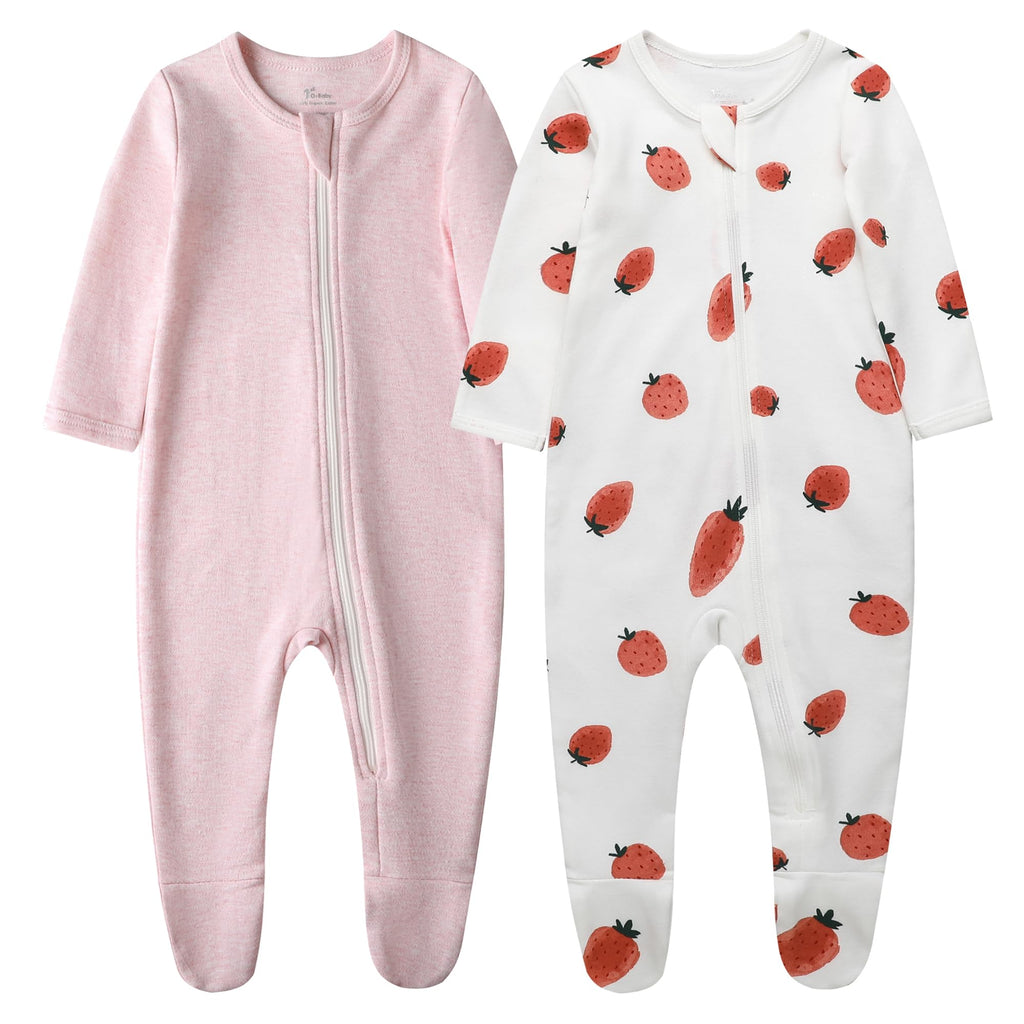 O2 BABY Baby Boys Girls Organic Cotton Zip Front Sleeper Pajamas, Footed Sleep 'n Play（6-12 Months, Pink Melange & Strawberry）