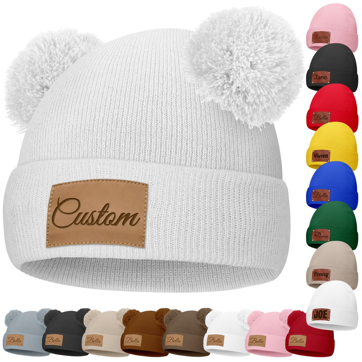 Custom Baby Beanies Personalized Toddler Winter Hats Name Leather Patch Kids Knit Warm Hat for Infant Boys Girls Adult Grey