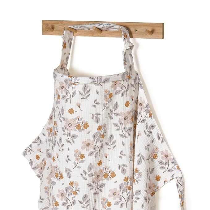TILLYOU Muslin Nursing Cover for Baby Breastfeeding, 100% Cotton Breathable with Arch Neckline for Women, Yellow Flower