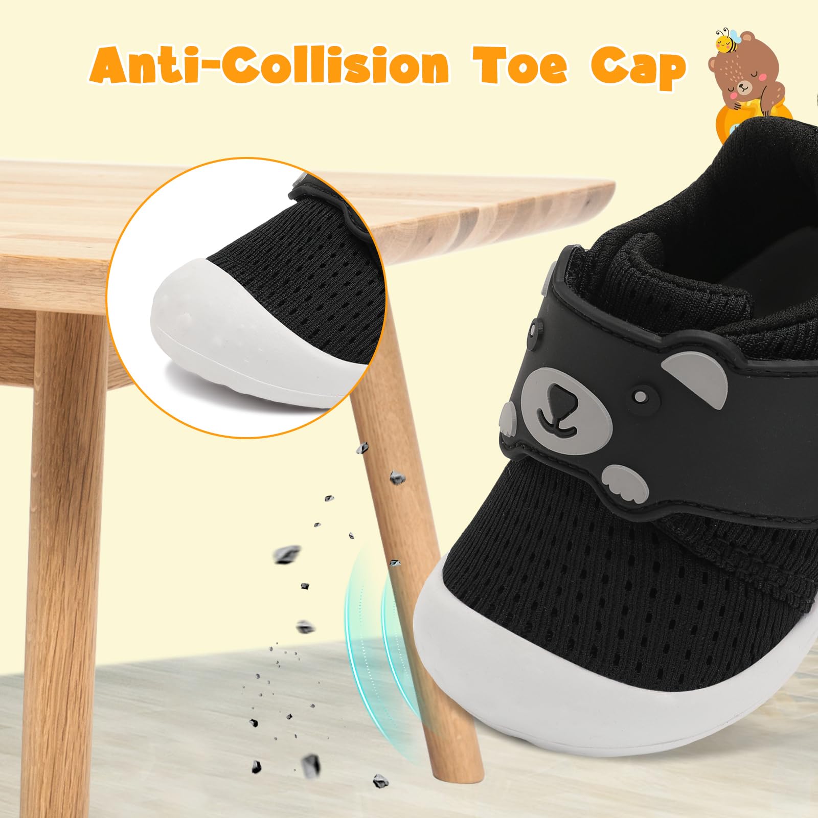 FEETCITY Infant Shoes Boys Girls Wide Baby Walking Shoes Newborn Crib Shoe Baby Slip On Shoe Breathable Toddler Sneakers Bear 2-2.5 Years Black