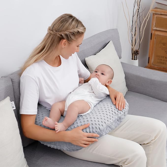 Nursing Pillow and Positioner with Cover for Breastfeeding and Bottle Feeding, Propping Baby, Tummy Time, Baby Sitting Support, Awake-Time Support (Grey, 22" x 17.7" x 5.9")