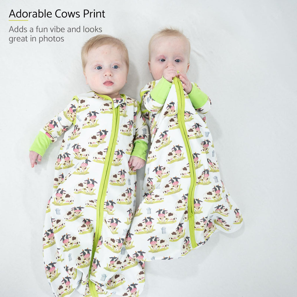 LollyBanks 100% Cotton Baby Sleep Sack 0-6 Months for Boys and Girls, Lightweight 0.5 TOG Sleep Sack with 2-Way Zipper, Breathable Baby Sleep Bag, Newborn Essentials (Cow Print)