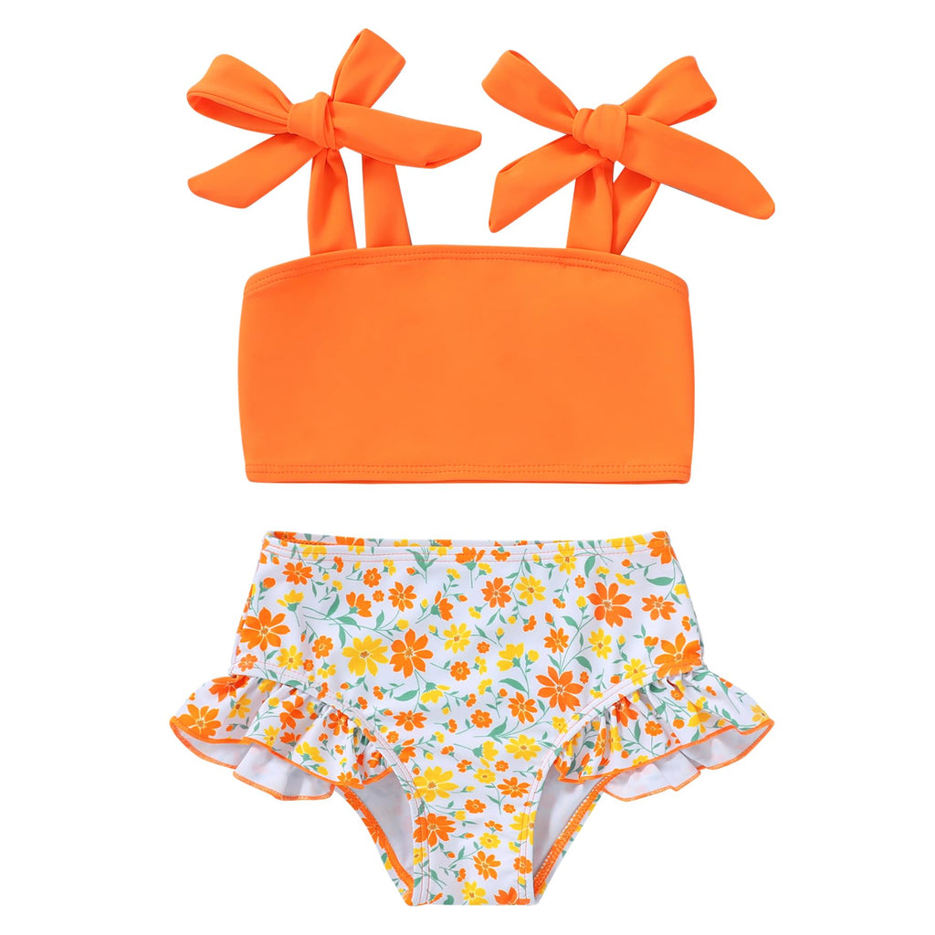 YOUNGER TREE Toddler Girls Two Pieces Swimsuit Color Block Stripe Swimwear Summer Beach Bathing Suit 18M-5T（Yellow#Flower 6-7T）