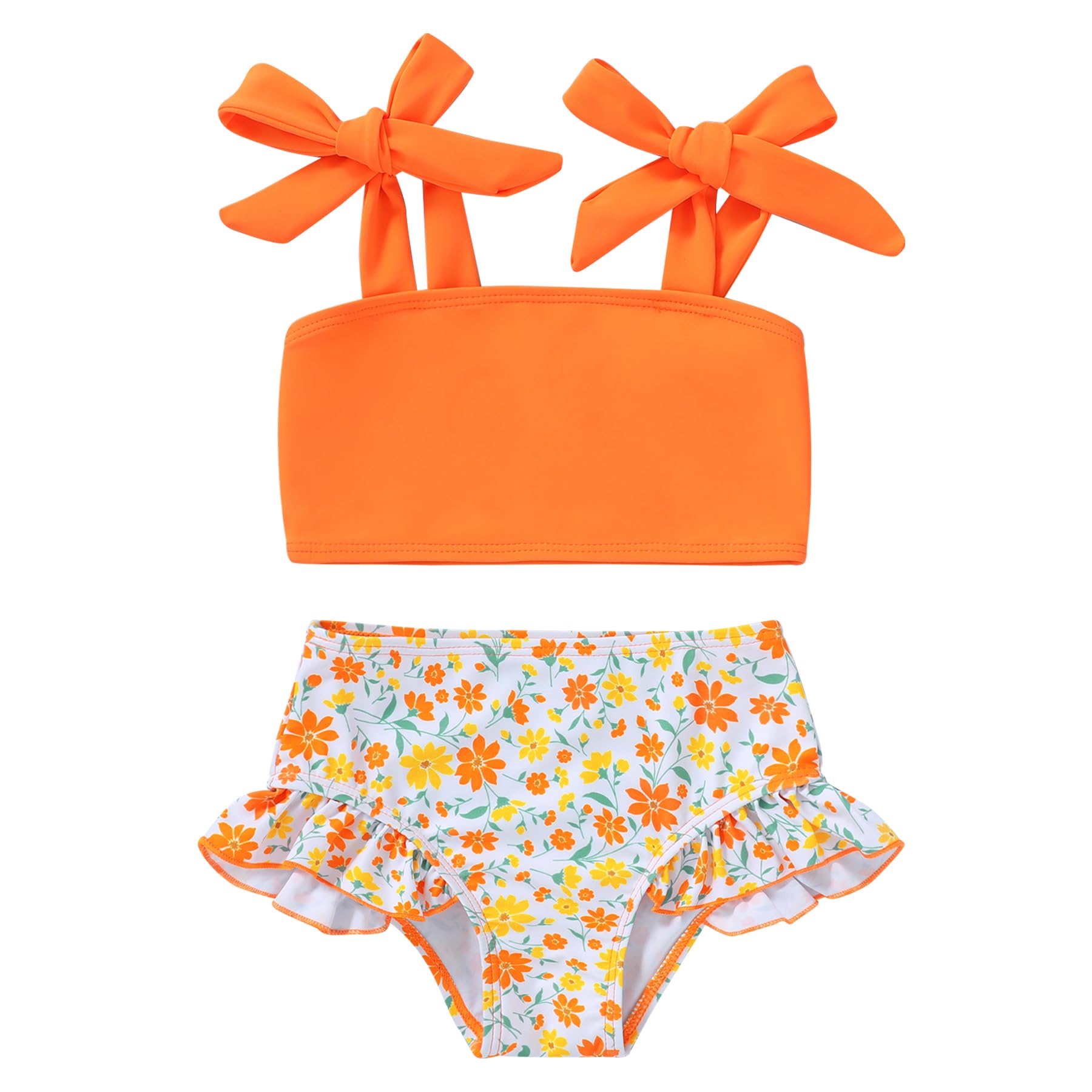 YOUNGER TREE Toddler Girls Two Pieces Swimsuit Color Block Stripe Swimwear Summer Beach Bathing Suit 18M-5T（Yellow#Flower 6-7T）