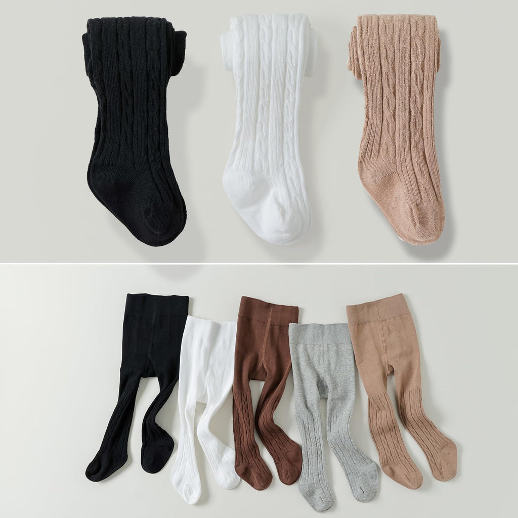 EPEIUS Baby Tights Newborn Girl Seamless Cable Knit Leggings Thick Cotton Stockings Footed Pants Pantyhose Clothes 0-3 Months 3 Pack,Black/White/Khaki,XXS
