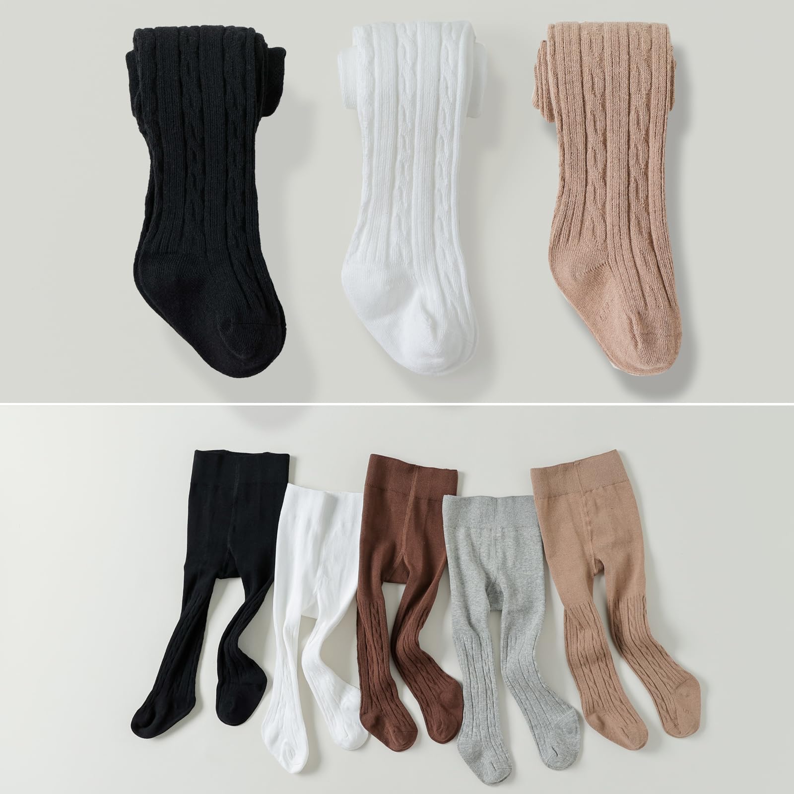 EPEIUS Baby Tights Newborn Girl Seamless Cable Knit Leggings Thick Cotton Stockings Footed Pants Pantyhose Clothes 0-3 Months 3 Pack,Black/White/Khaki,XXS