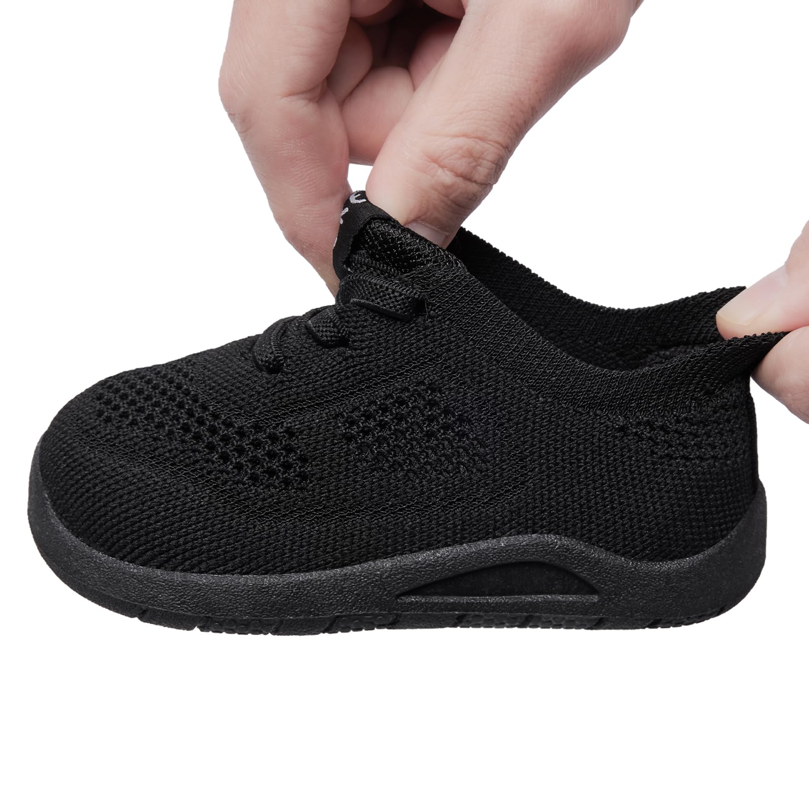 MORENDL Toddler Sneakers Baby Non-Slip Lightweight Breathable Barefoot Shoes Infant Tennis Walking Shoes Black Mesh Size 7