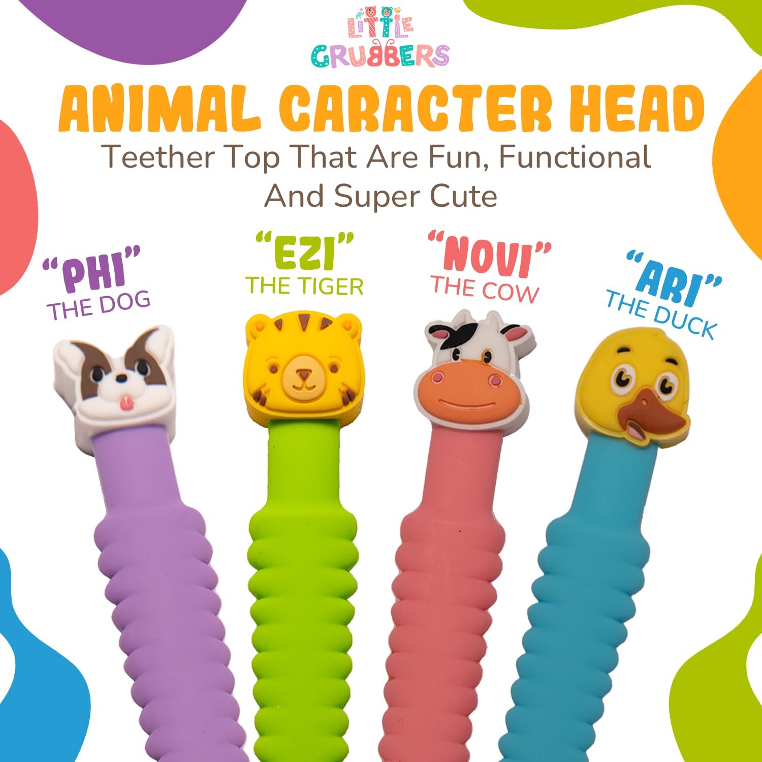 Little Grubbers 3-in-1 Silicone Baby Spoon Self Feeding 6+ Months - Pediatric OT Designed Teether Spoon, BPA Free Toddler Utensils, Mess-Free, Fun for Baby Led Weaning Supplies, Duck & Tiger