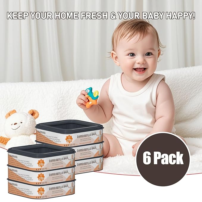 Standard Square Refills Disposal Bags Refill Compatible with Diaper Genie Compact, Classic and Select Pails, Hold Up to 270 Newborn-Sized Diapers Per Refill, 6 Pack