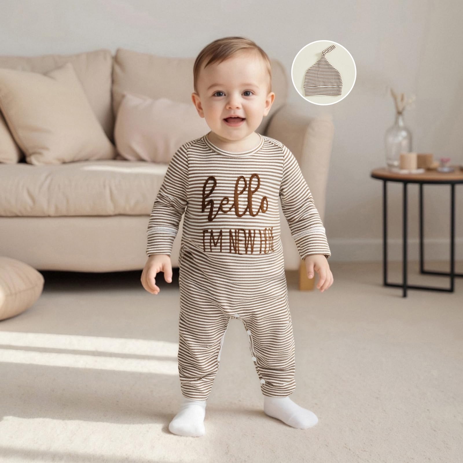 Fernvia Newborn Baby Boy Clothes Letters Print Bodysuit 3 6 9 12 18 Months Long Sleeve Jumpsuit with Hat 2PCS Outfits Set (D Khaki, Newborn)