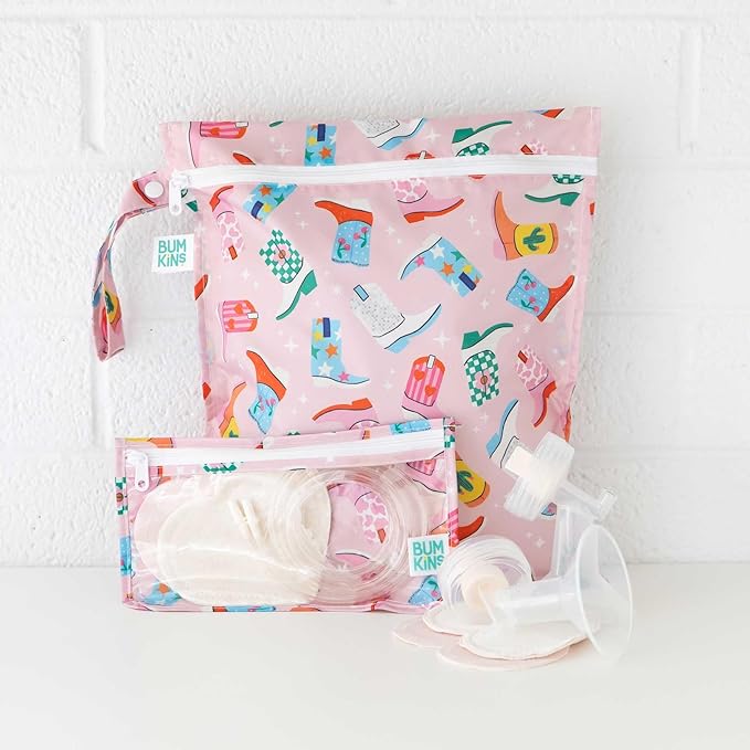 Bumkins - Waterproof Wet Bag & Clear Travel Bags - For Beach, Baby, Travel, Swim Suit, Cloth Diapers, Pump Parts, Pool, Gym, Toiletries - Reusable & Easy to Clean - Cowgirl Boots - 4 Pack