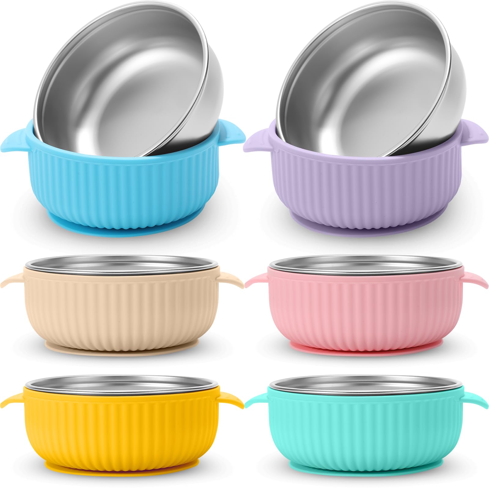 Nuogo 6 Pcs Stainless Steel Baby Bowls with Removable Silicone Shell 304 Toddler Bowls Kids Anti Scald Snack Container for Food Feeding, Dishwasher Safe(Multicolor,Suction-c)