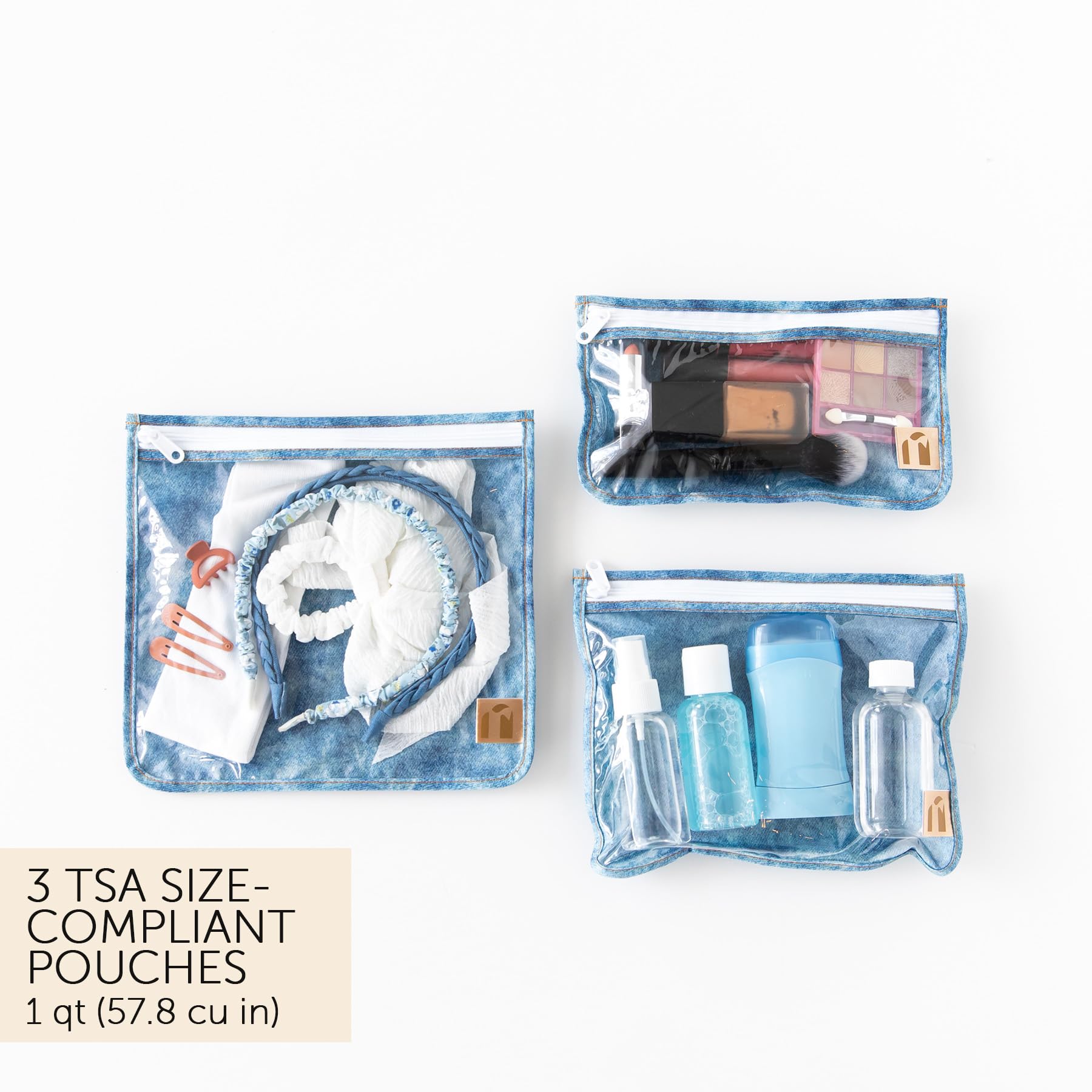 Bumkins Roamio Travel Set – Waterproof Wet Bag, Wet/Dry Clutch, 3 Clear TSA Pouches – Reusable Organizers for Swim, Gym, Toiletries, Baby Gear, Pump Parts, Beach, Pool, Travel, Faux Denim 5-pc Set