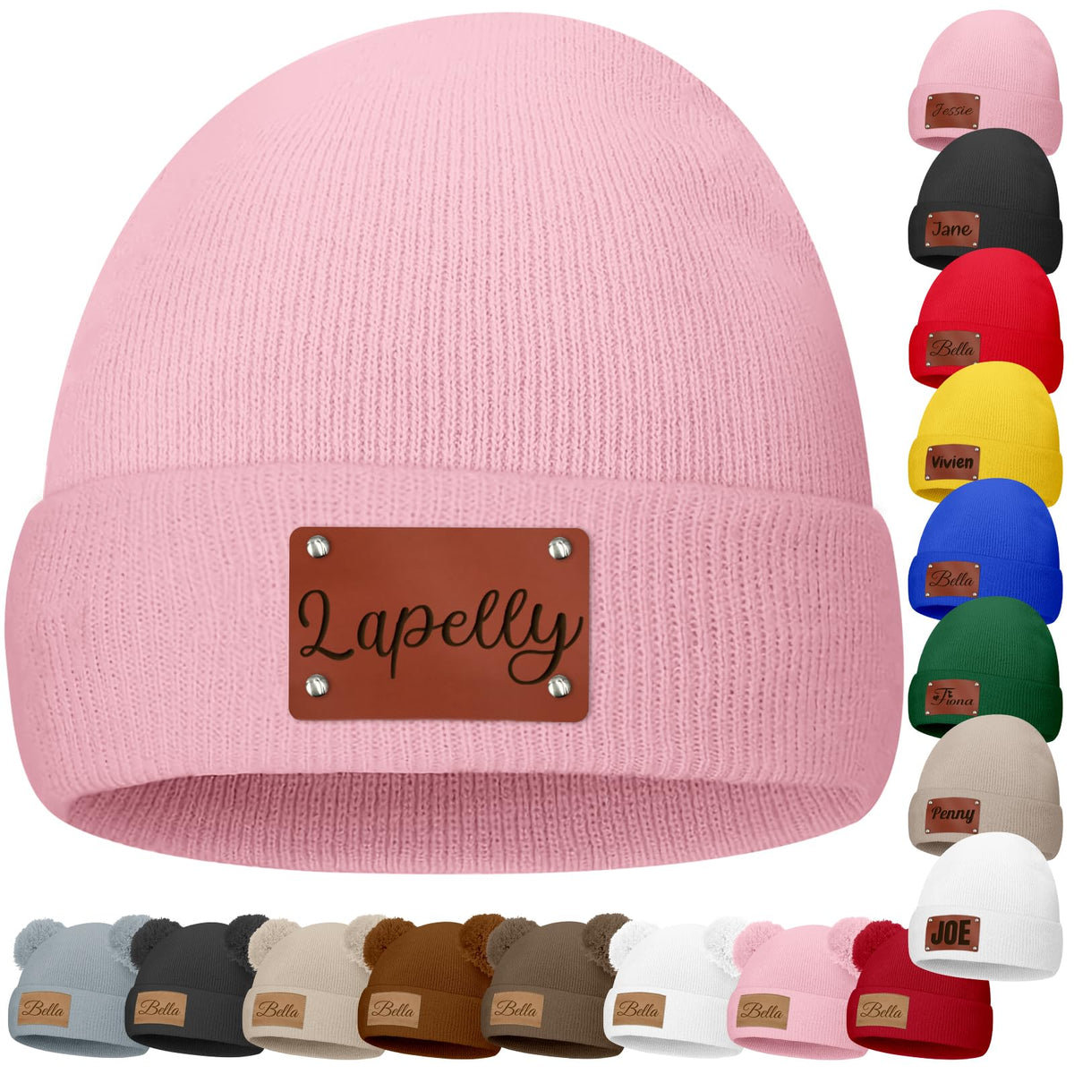 Custom Baby Beanies Personalized Toddler Winter Hats Name Leather Patch Kids Knit Warm Hat for Infant Boys Girls Adult Grey