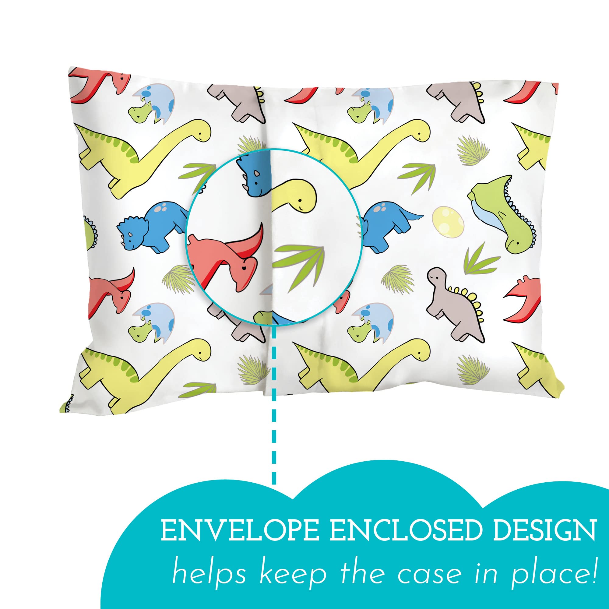 Little Sleepy Head Toddler Pillow with Cotton Pillowcase – 13x18 Kids Pillow for Ages 2–5 – Soft Hypoallergenic Toddler Bed Pillow for Travel, Daycare & Preschool – (Dinosaurs White)