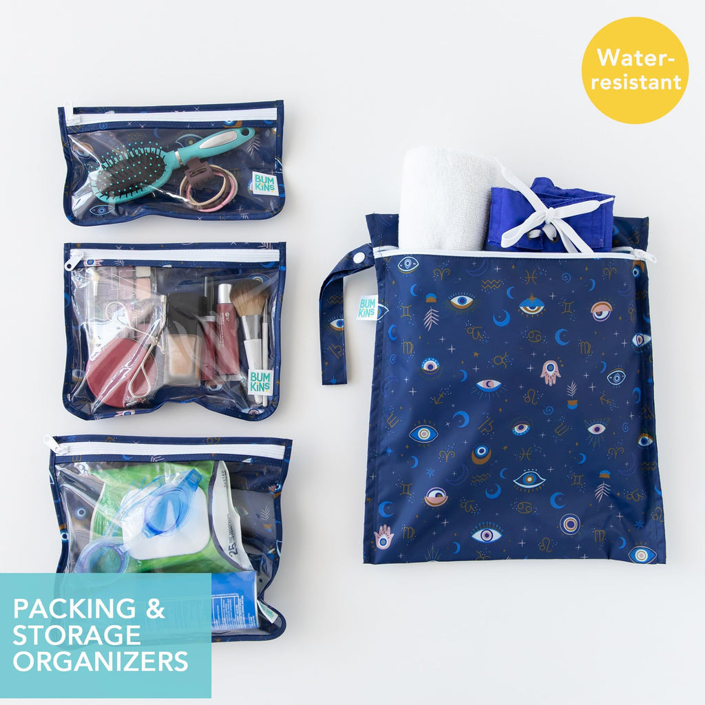 Bumkins - Waterproof Wet Bag & Clear Travel Bags - For Beach, Baby, Travel, Swim Suit, Cloth Diapers, Pump Parts, Pool, Gym, Toiletries - Reusable & Easy to Clean - Evil Eye - 4 Pack