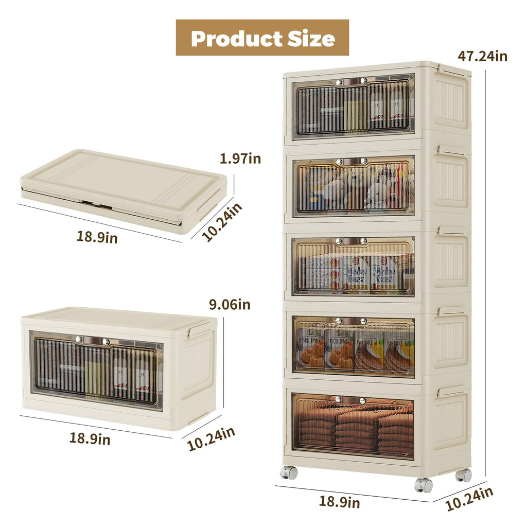5 Tier - 34QT Storage Bins with Lids, Collapsible Storage Bins with Doors and Wheels, Plastic Storage Cabinet for Easy Storage and Organization for Living Room, Office