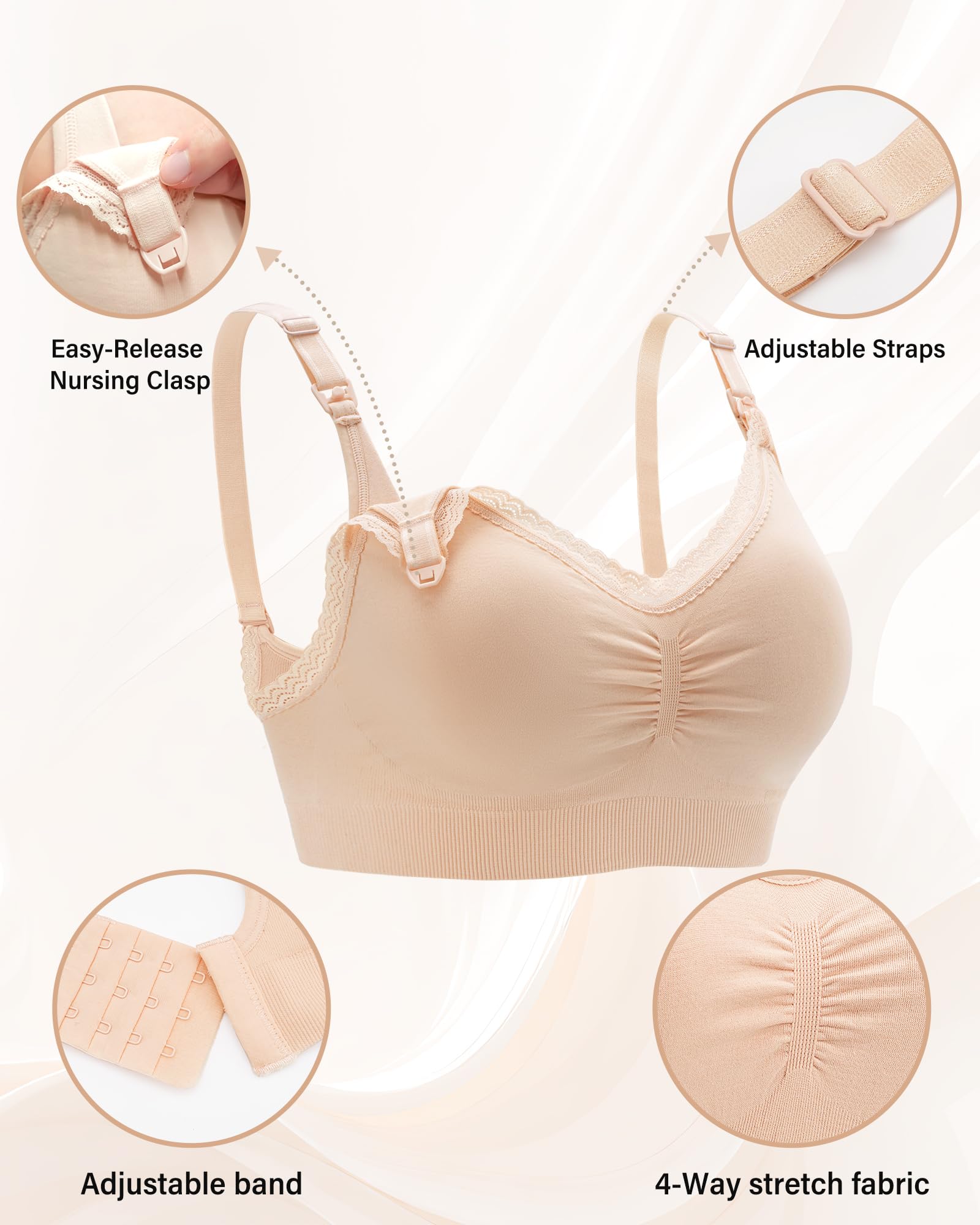 Stelle Lace Nursing Bras for Breastfeeding Seamless Pregnancy Maternity Wireless Bralette with Pads, Extenders(Gray+Beige,S)