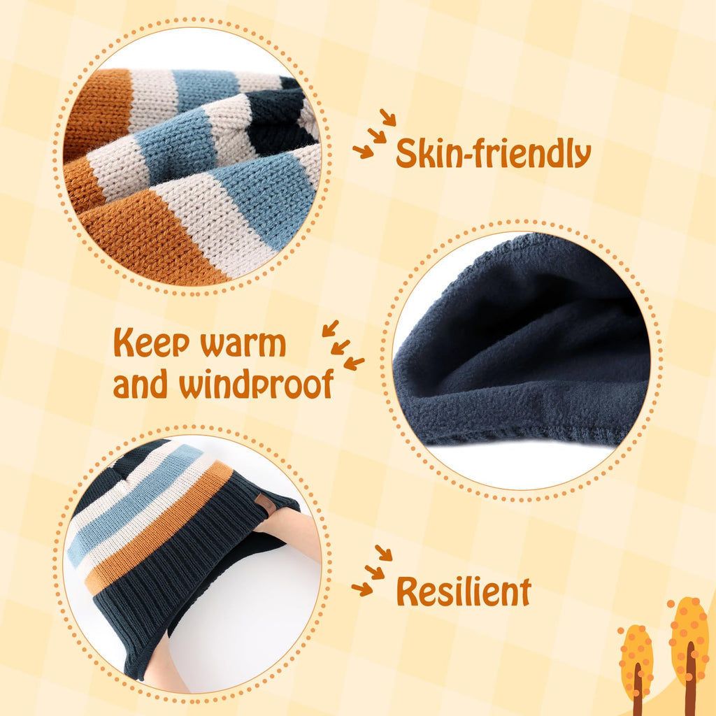 Duoyeree Kids Beanie Hat for Boys Girls Pom-pom Kint Hats Cozy Lining Winter Skull Cap,Stripes,4T-7T