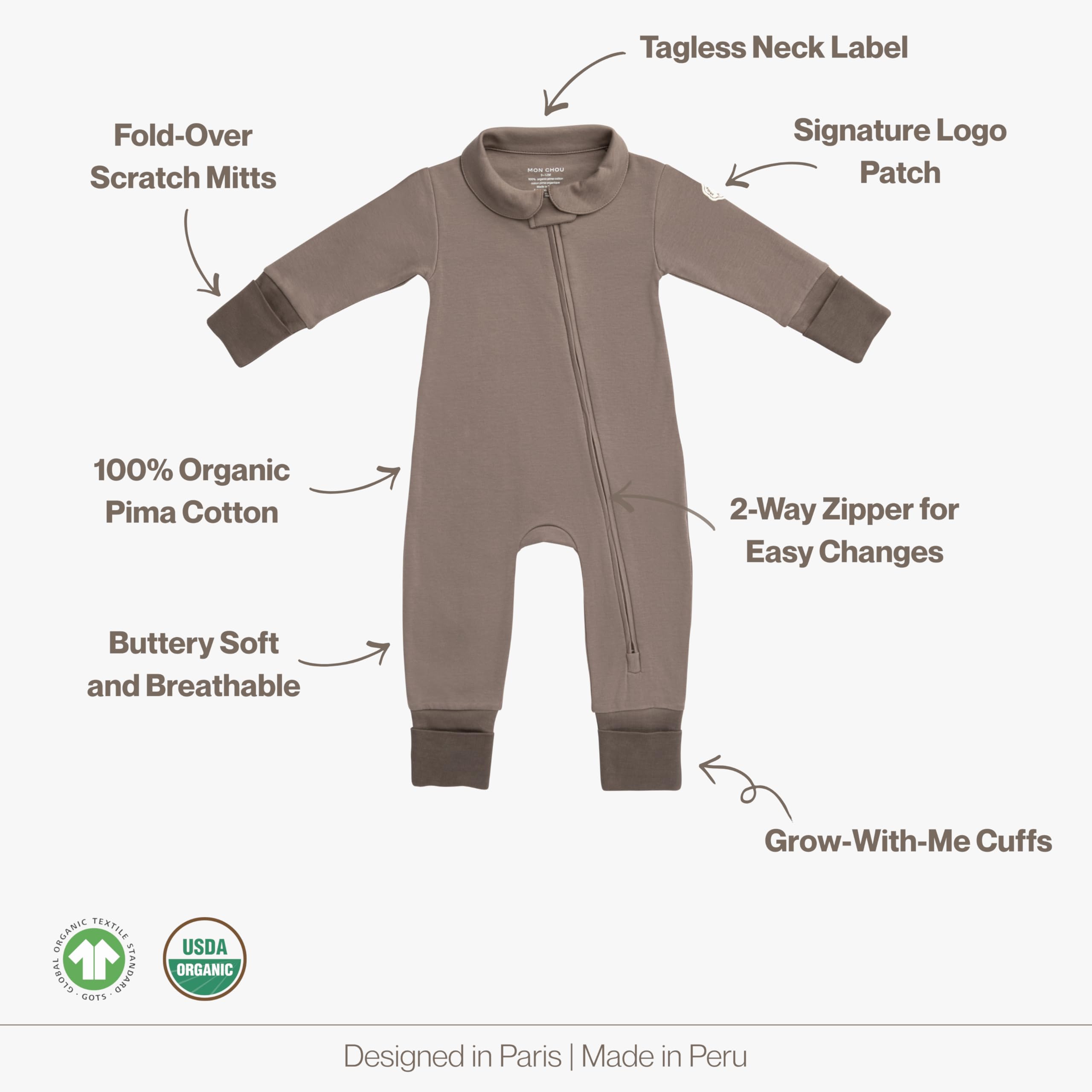 MON CHOU 100% Organic Pima Cotton Baby Pajamas – Snug Fit Long Sleeve Fold-Over Mittens & Convertible Footie with 2-Way Zipper for Boys & Girls, Sizes 0–18M (Cocoa, 6-9 Months)