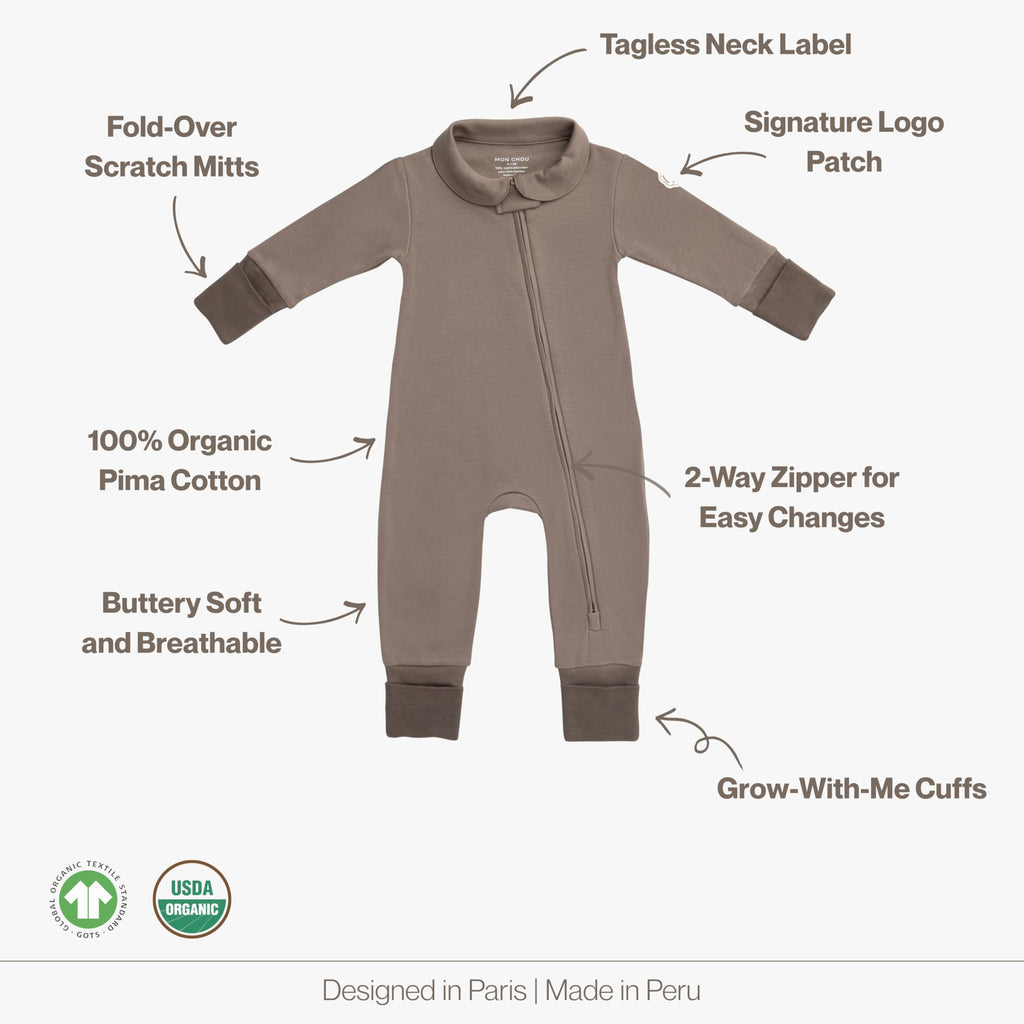 MON CHOU 100% Organic Pima Cotton Baby Pajamas – Snug Fit Long Sleeve Fold-Over Mittens & Convertible Footie with 2-Way Zipper for Boys & Girls, Sizes 0–18M (Cocoa, 6-9 Months)