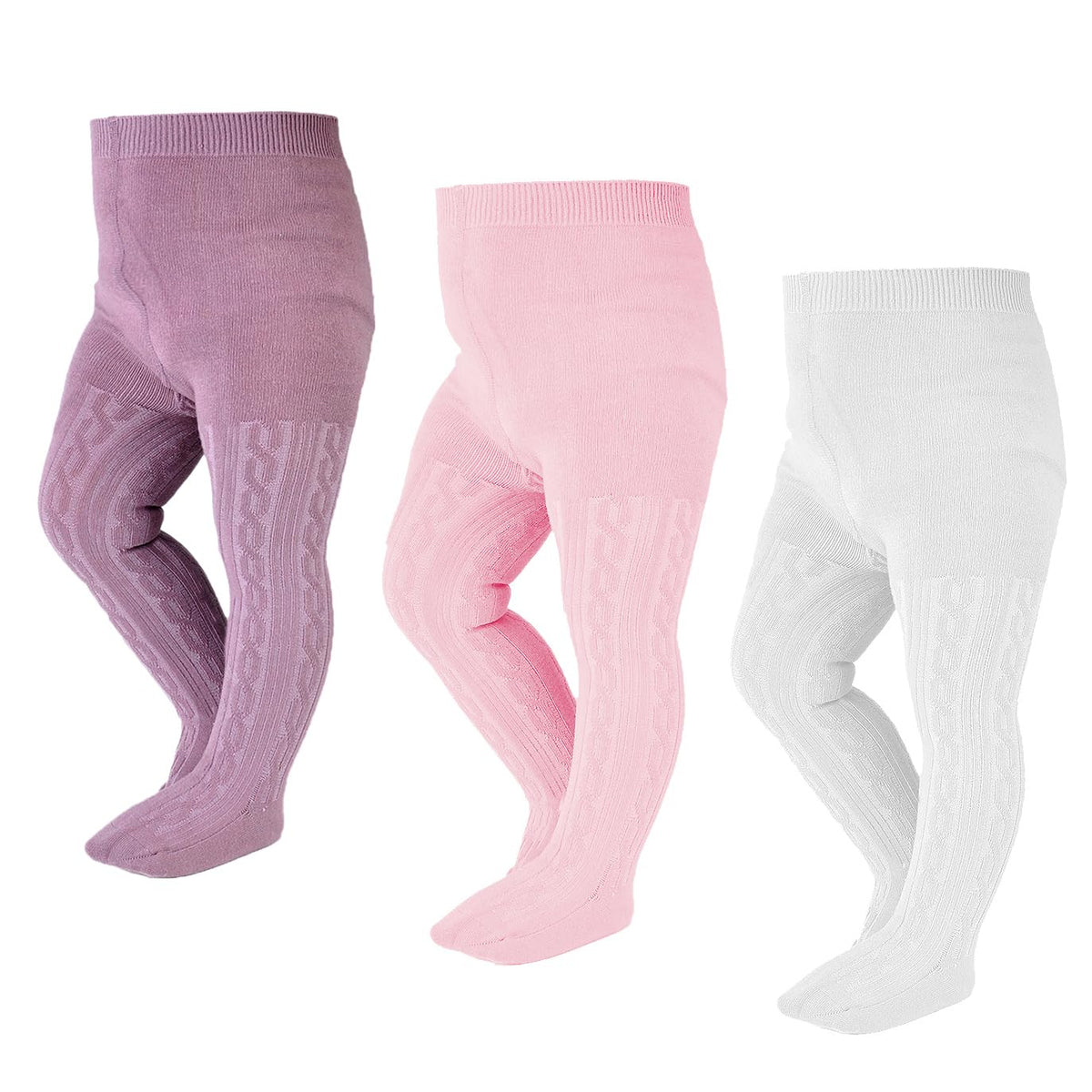 EPEIUS Toddler Tights Thick Seamless Cable Knit Leggings Baby Girl Boy Solid Cotton Stockings Footed Pants 12-24 Months,Black/White/Light Grey (Pack of 3)