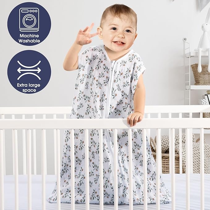 2 Pack Baby Sleep Sack 12-18 Months 100% Organic Cotton Muslin Baby Sleeping Bag 2-Way Zipper Wearable Blankets (Rainbow & Leaf, Large)
