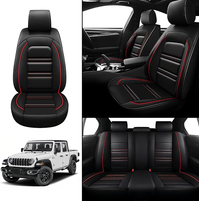 Seat Covers for JP Gladiator 2020-2025 | 5-Seats Leather Seat Covers, Easy to Install Automotive Seat Covers Full Set (Full Set, Black&Red Line)