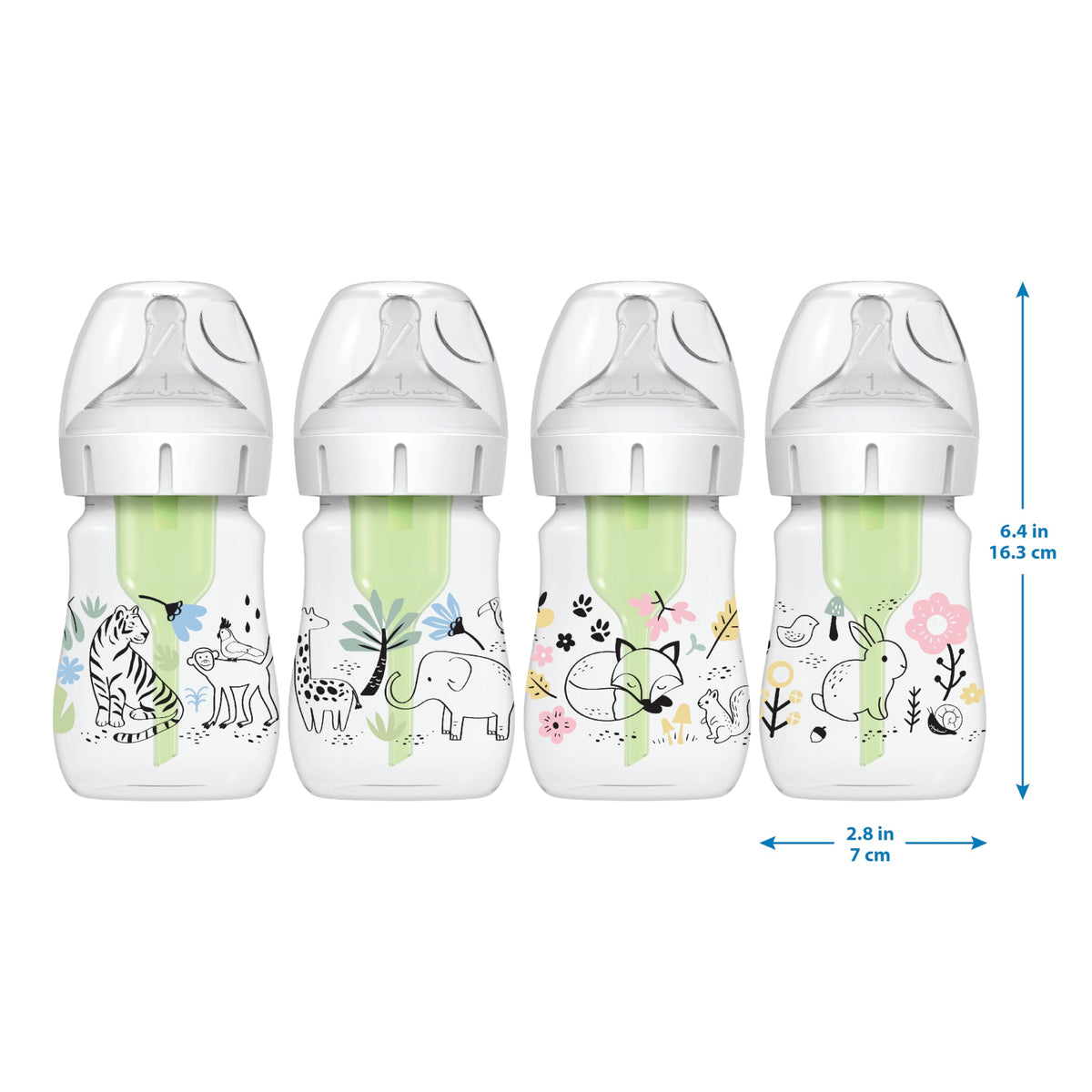 Dr. Brown's Anti-Colic Options+ Wide-Neck Baby Bottles, Jungle, 2-Pack