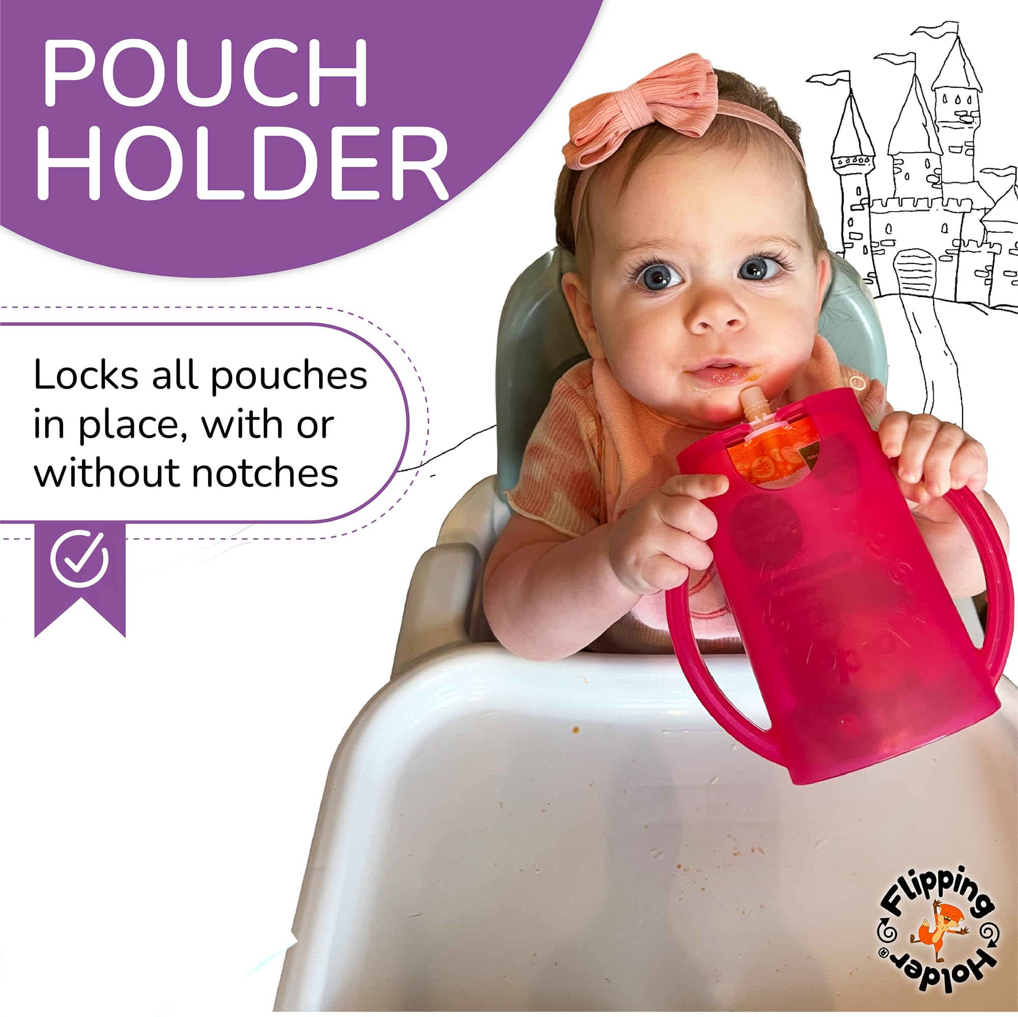 Flipping Holder Squeeze Proof Food Pouch Holder for Toddlers, Babies, Kids, Mess Free No Squeeze Juice Box Drink Holder with Easy Grip Handles and Lid - Made in USA (Blue 3 Pack)