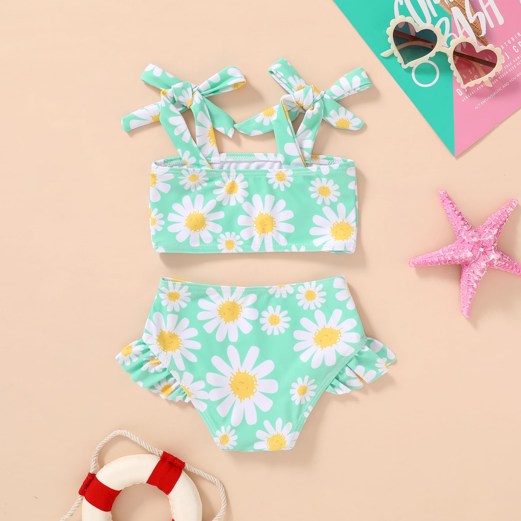 YOUNGER TREE Toddler Girls Two Pieces Swimsuit Color Block Stripe Swimwear Summer Beach Bathing Suit 18M-5T（Green#Daisy 3-4T）