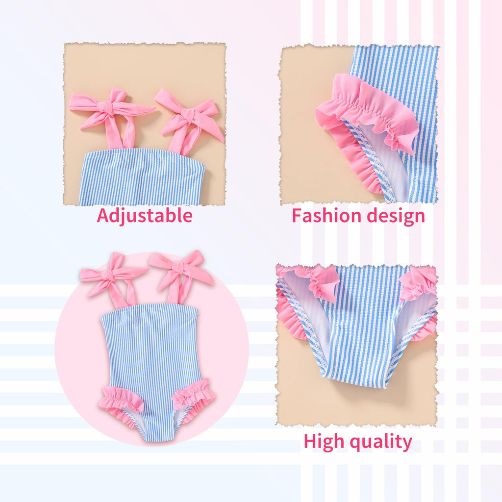 Happy Town Toddler Swimsuit Girl Solid Color Stripe One-Piece Baby Bathing Suits (Blue Stripes, 2-3 Years)