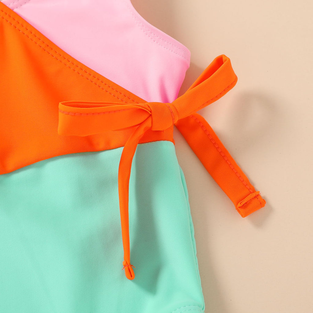 Happy Town Toddler Swimsuit Girl One Piece Bathing Suit Color Block Swimwear Baby Summer Beach Wear(5-6 Years,Pink Orange Green)