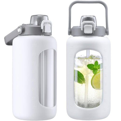 72oz Large Glass Water Bottle with Time Marker, Gallon Glass Jug-Black